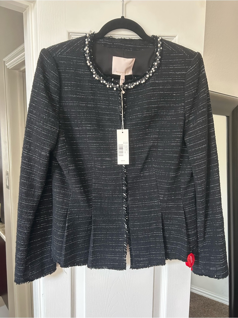 NWT Rebecca Taylor Black Tweed Pearl-Beaded Collar Jacket